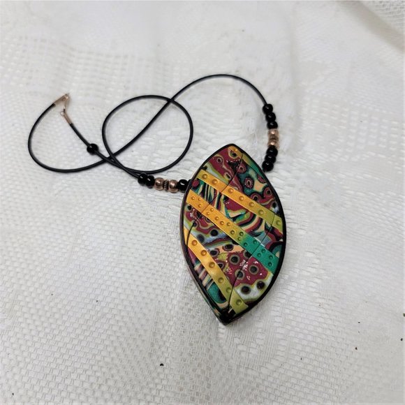Modern Clay Colorful Necklace w/ Black Cord - Picture 3 of 9